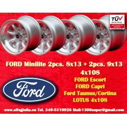 4 pcs. wheels Ford Minilite 8x13 ET-6 9x13 ET-12 4x108 silver/diamond cut Escort Mk1-2, Capri, Cortina