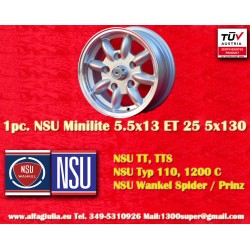 NSU Minilite 5.5x13 ET25 5x130 silver/diamond cut S 600 800   TT TTS, 110, 1200C, Wankelspider cerchio wheel llaanta jante Felge